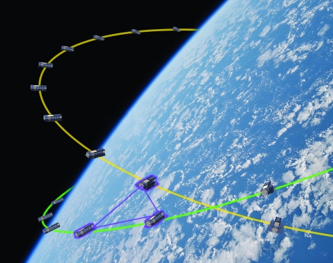 在近地轨道上运行的立方体卫星群提供了更大的空间弹性，因为即使它的一些卫星停止运行，它仍将继续运行。