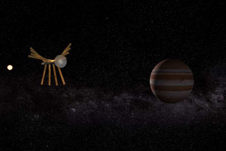 航空航天的艺术家渲染提供了飞船飞过木星轨道的特写镜头，在那里它将脱落太阳帆板，飞向太阳引力焦点线。